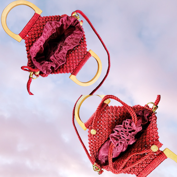 Legarda Handmade Macrame Red Boho Knit Crossbody Bag with Wooden Handles - Picture 6 of 8